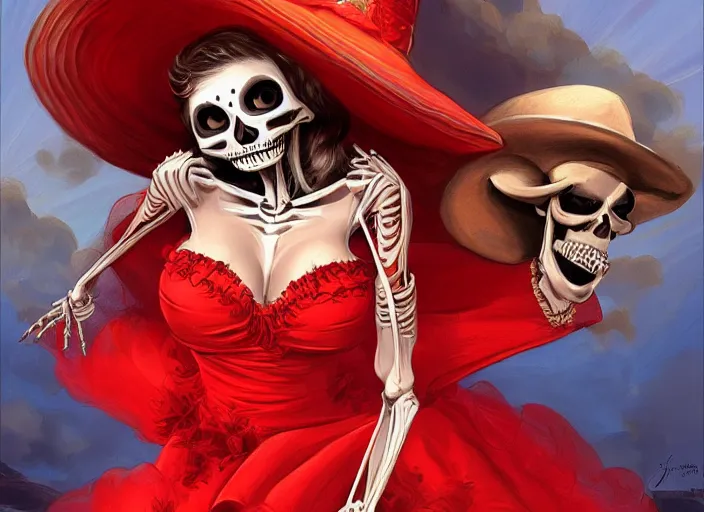 Image similar to cute & beautiful smiling mexican undead skeleton girl wearing a sombrero and a wide red dress, elegant, digital art, fantasy, pixar style, painting, pin up, highly detailed, artstation, art by artgerm, john la farge and boris vallejo