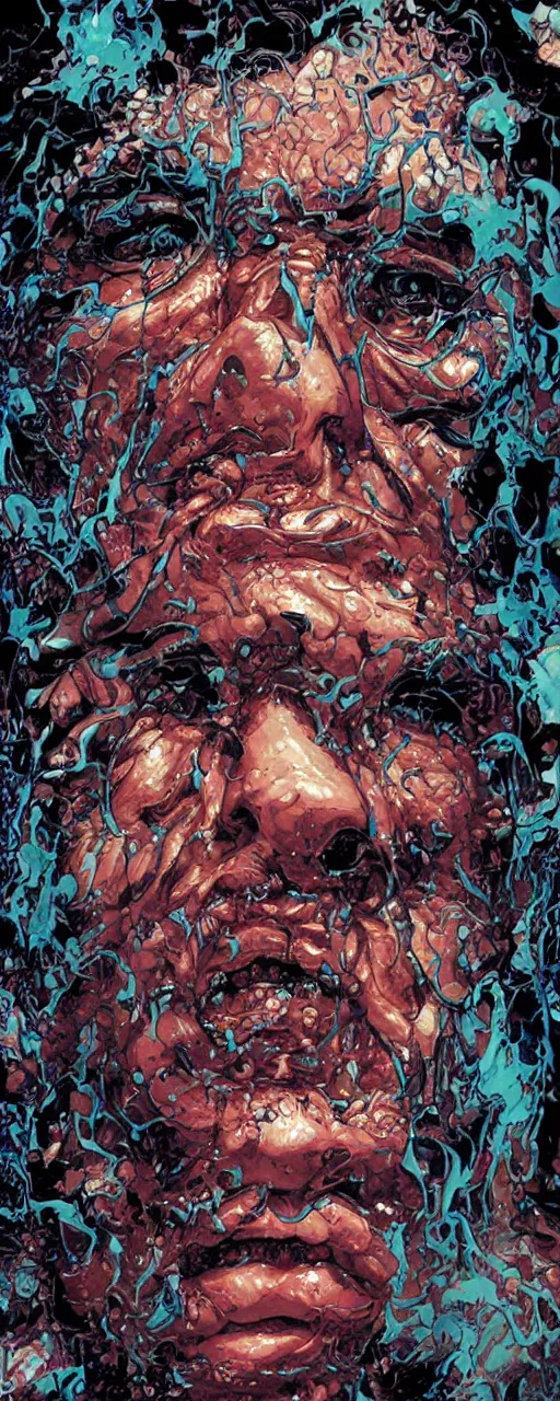 Image similar to closeup of face melting in agony, inside dark oil, frontal picture, by masamune shirow, josan gonzales and dan mumford