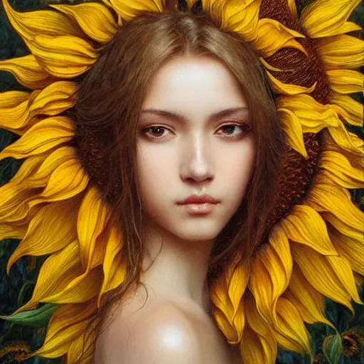 Image similar to a girl slowly walking through amazing tall sunflower field, hair flowing, early morning lighting, elegant, subtle, intricate details, detailed face!, real masterpiece, oil on canvas, by karol bak, ayami kojima, artgerm, smile, concept art, fantasy