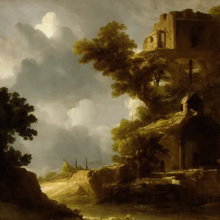 Image similar to a building in a landscape, by hubert robert