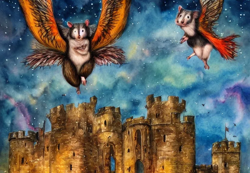 Image similar to legendary colorful winged possum flying over a medieval castle at night under the dark starred sky, dark fantasy, watercolor, dreaming illusion, highly detailed, 4k, trending on Artstation