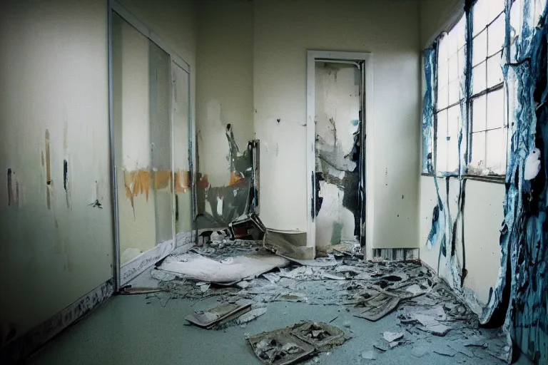 Prompt: photo of an abandoned hospital, operating theater, paint peeling off the walls, a ghost of a nurse, 35mm