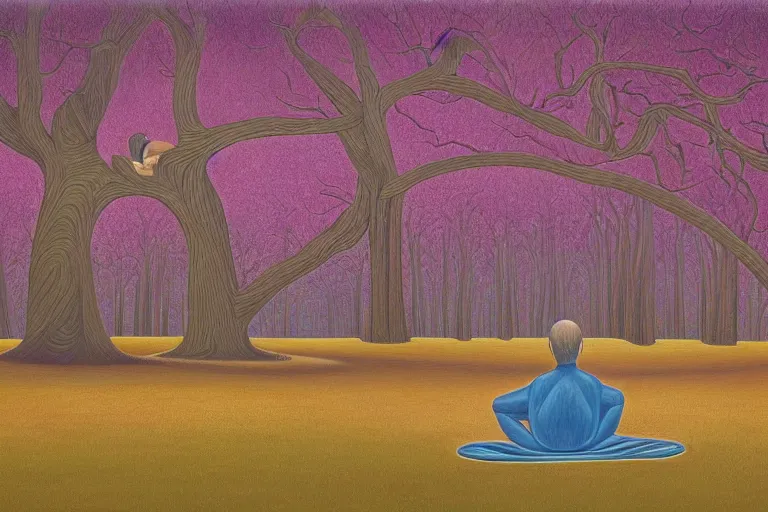 Image similar to painting of a peaceful man meditating under a tree by alex grey, acrylic art, calm, soothing, cosy, elegant, soft light,