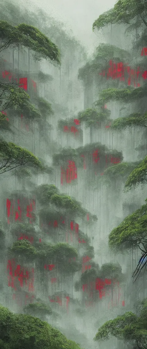 Image similar to brutalist architecture inspired by louis kahn deep in the rainforest. nature is taking over. matte painting by ivan laliashvili. concept art. color scheme green and red. mist. cinematic.