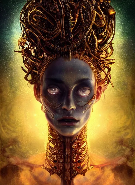 Prompt: epic portrait of menacing, anxious, agitated yet stunningly beautiful biomechanical djinn the terrifying demigod of creation overseeing the iridescent fabric of the universe, by charlie bowater, mandy jurgens, gustav klimt, octane render, dramatic camera angle, 4k, 8k, high detail, HDR, by tom bagshaw, powerful, with inspiration from Beksinski, inspired by greek goddess Athena, inspired by wh40k Slaanesh, made of quartz and metal