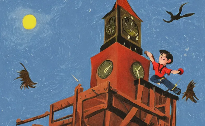 Image similar to a boy fighting a wolf on the edge of a clocktower, by taylor barron, gouache, print