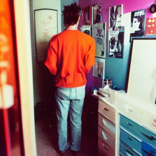 Image similar to kodak portra 4 0 0 photograph of a skinny blonde guy standing in cluttered 9 0 s bedroom, back view, moody lighting, telephoto, 9 0 s vibe, blurry background, vaporwave colors, faded!,