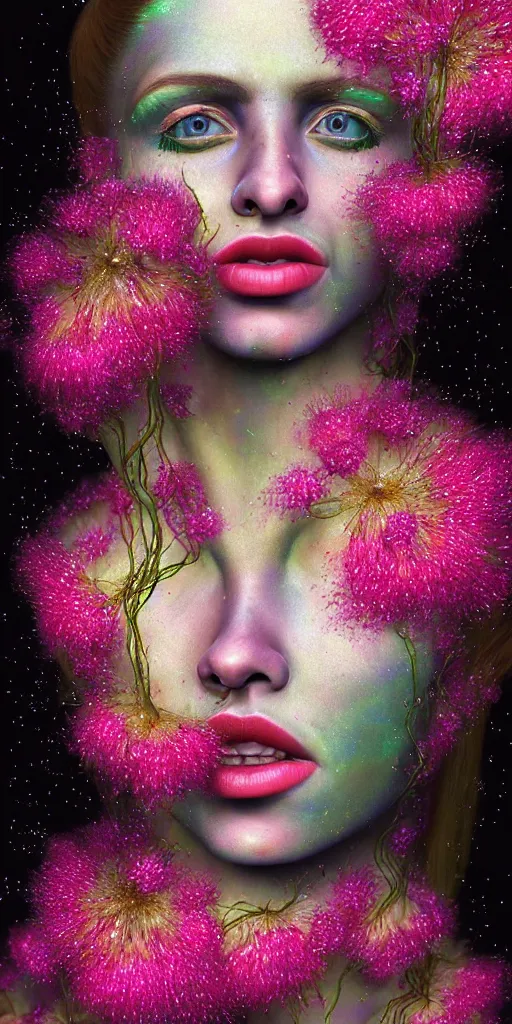 Image similar to hyper detailed 3d render like a Oil painting - portrait sculpt of Aurora (Singer) seen in mascara Lips on the Strangling network of yellowcake aerochrome and milky Fruit that covers her body wearing a 1950s dress and Her delicate Hands hold of gossamer polyp blossoms bring iridescent fungal flowers whose spores black the foolish stars by Jacek Yerka, Mariusz Lewandowski, Houdini algorithmic generative render, Abstract brush strokes, Masterpiece, Edward Hopper and James Gilleard, Zdzislaw Beksinski, Mark Ryden, Wolfgang Lettl, hints of Yayoi Kasuma, octane render, 8k