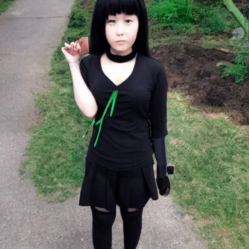 Image similar to a girl dressed in a black and green outfit in the style of Kishimoto Masashi