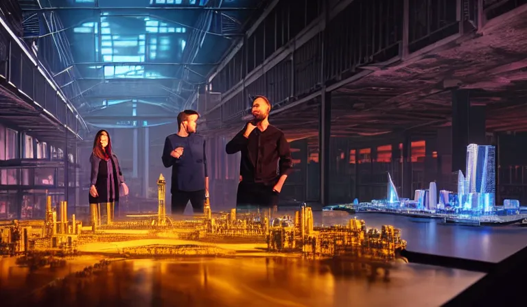 Image similar to group of people in walled warehouse, looking at hologram of futuristic city on a table, cinematic concept, godrays, golden hour, natural sunlight, 4 k, clear details, tabletop model buildings, center model buildings, hologram center, crane shot, crane shot, crane shot