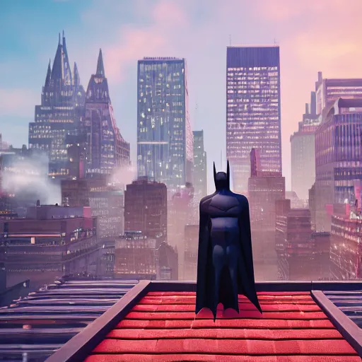 Image similar to Batman on a rooftop in NYC, at dawn, fighting off a blood thirsty group of Teletubbies. 4K, ultra HD, Rendered in Unreal Engine 5.