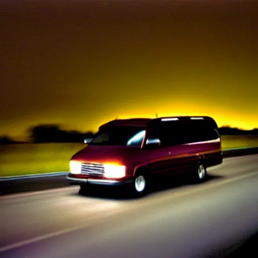 Image similar to A photograph of a 2001 Maroon Chevrolet Caravan driving on highway 411 in Perth, Ontario at night, 9:20 PM, photograph taken in 2009 on a nokia flip phone