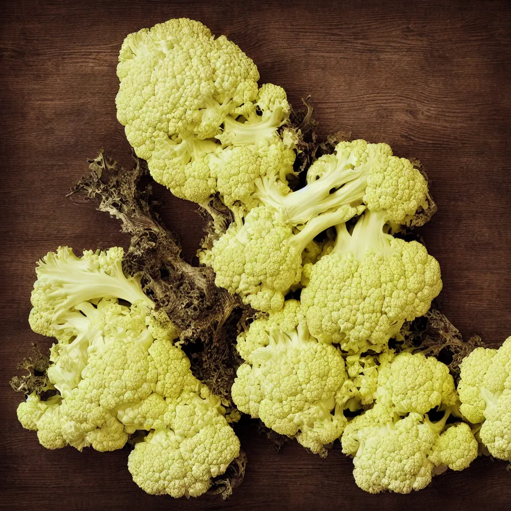 Image similar to large fractal of cauliflowers roots, over vivid dark wood table, precise, symmetrical, geometrical. food photography. super detailed. masterpiece