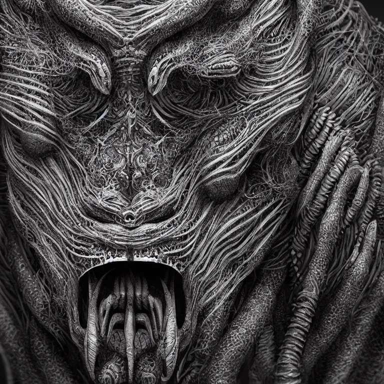 Image similar to surreal spinal ribbed tribal exotic organic face portrait of a beautiful alien animal creature monster, beautiful detailed intricate insanely detailed BW 3D render digital art, octane render, 8K artistic photography, photorealistic