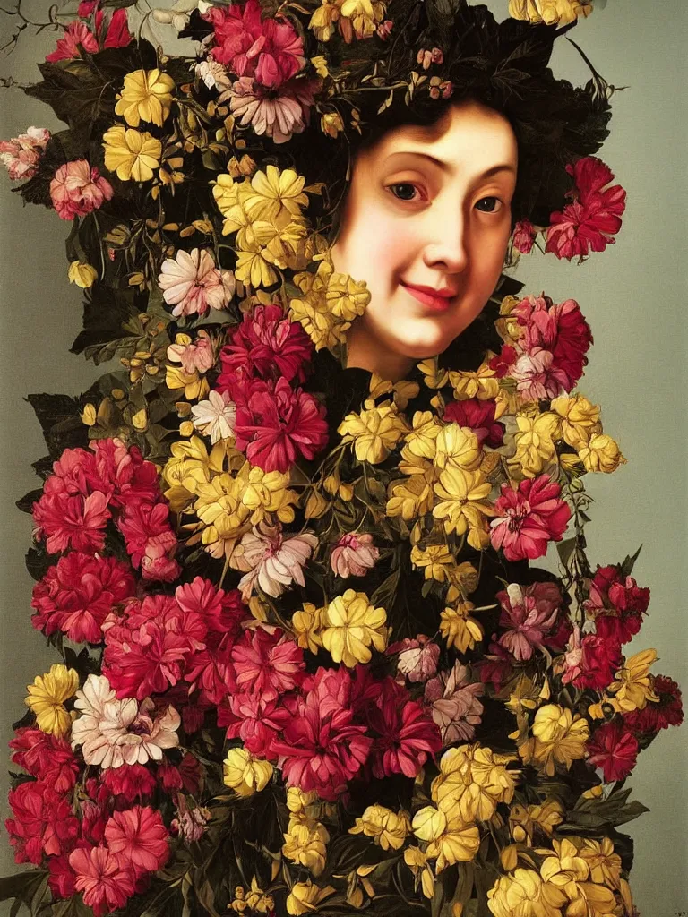 Image similar to hyperrealistic still life painting of a woman's face made of flowers that is smiling, by Caravaggio, botanical print, surrealism, vivid colors, serene, golden ratio,