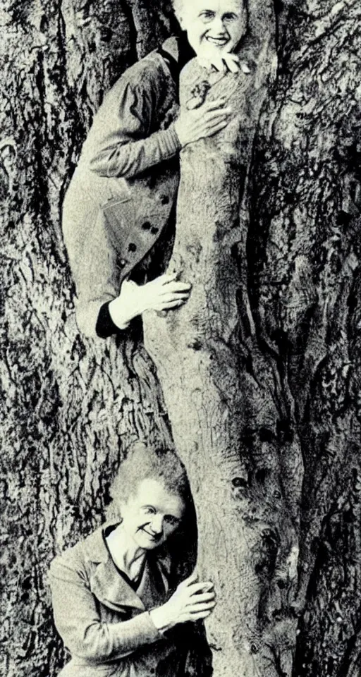 Image similar to Marie Curie hugging a tree by Salvador Dalí