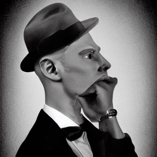 Image similar to A photograph portrait of Jerma985 wearing a suit with and fedora in the 1940s, taken in the early 1940s, grainy, taken on a 940s Kodak Camera, realistic, hyperrealistic, very realistic, highly detailed, very detailed, extremely detailed, detailed, digital art, trending on artstation