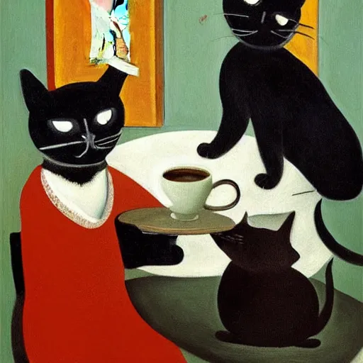 Image similar to highly detailed, 4k, oil painting of cats drinking coffee by Caravaggio, Matisse, and Rothko