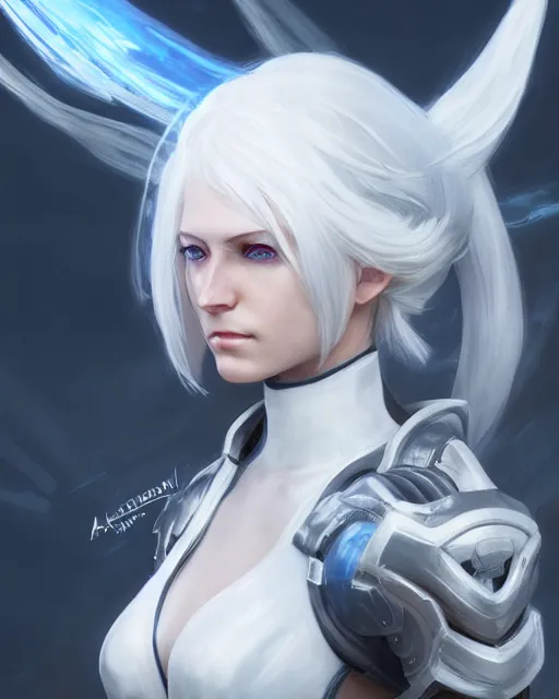 Prompt: perfect white haired girl, warframe armor, beautiful, pretty face, blue eyes, detailed, windy weather, scifi, platform, laboratory, experiment, 4 k, ultra realistic, epic lighting, high detail, masterpiece, by akihito tsukushi, charlie bowater