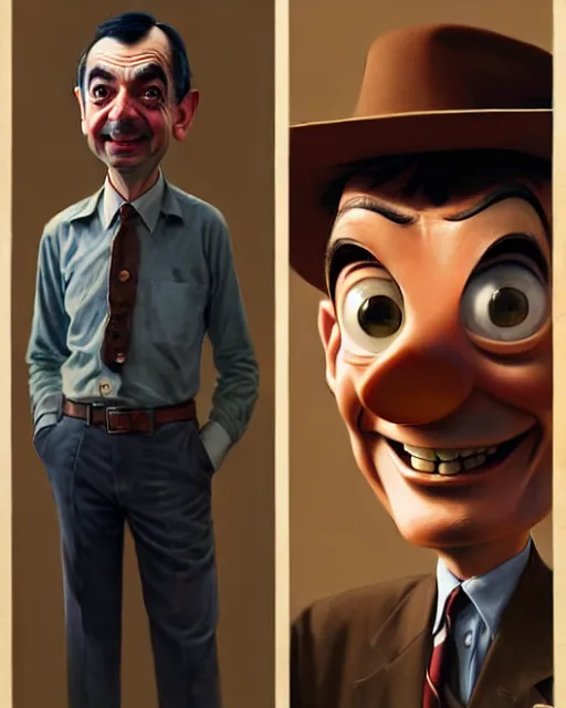 Image similar to mr bean dressed as woody from toy story, fine details, realistic shaded lighting poster by greg rutkowski, magali villeneuve, artgerm, jeremy lipkin and michael garmash and rob rey
