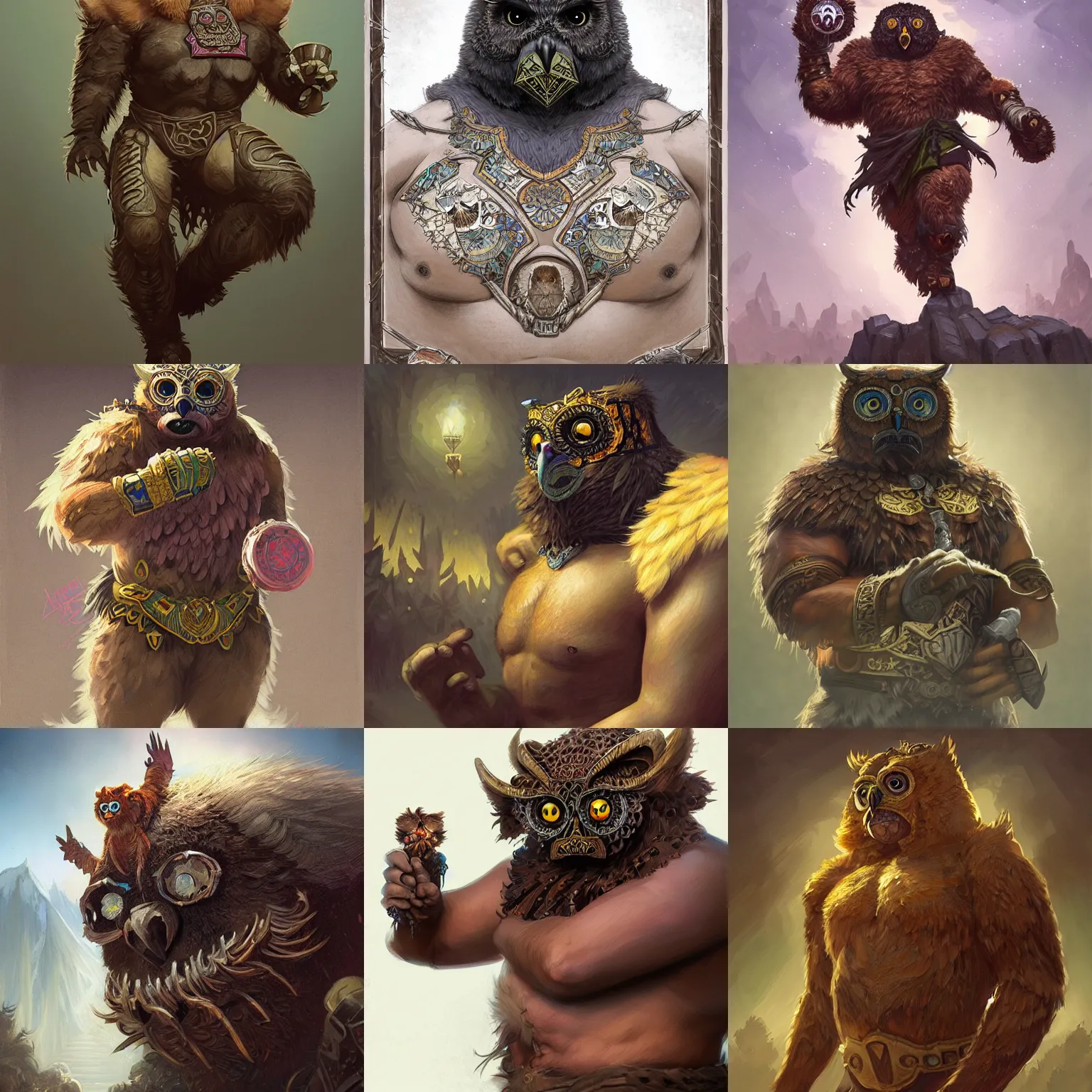 Prompt: a luchador called the owlbear, d & d, fantasy, intricate, elegant, highly detailed, digital painting, artstation, concept art, matte, sharp focus, illustration, hearthstone, art by artgerm and greg rutkowski and alphonse mucha