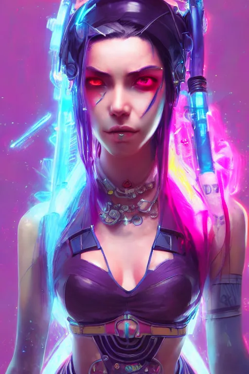 Image similar to jinx from league of legends, cyberpunk futuristic neon. decorated with traditional japanese ornaments by ismail inceoglu dragan bibin hans thoma greg rutkowski alexandros pyromallis nekro rene maritte illustrated, perfect face, fine details, realistic shaded, fine - face, pretty face