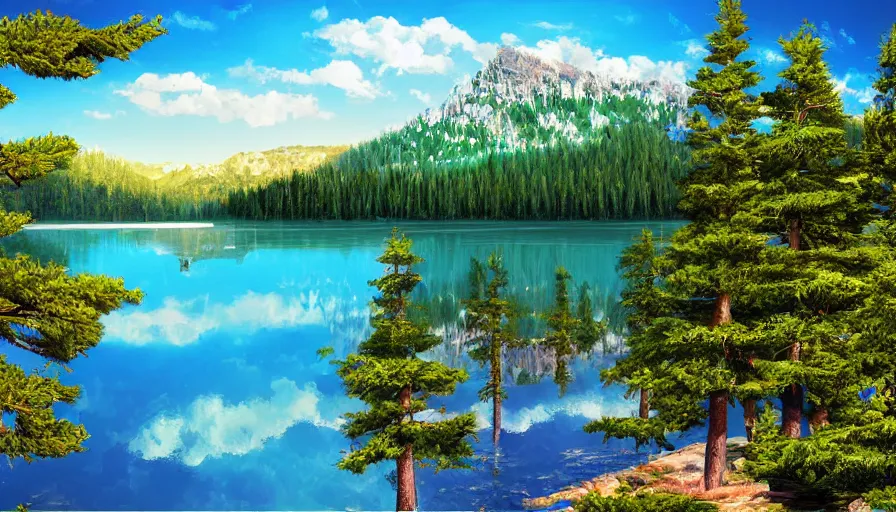 Prompt: a lake surrounded by pine trees with mountains in the background, digital art, highly detailed, realistic, bright colors, 8 k