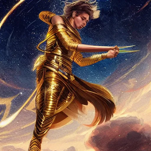 Image similar to mosaic portrait of a beautiful wielding golden swordsman falling into the stars by greg rutkowski, 4k, intricate details