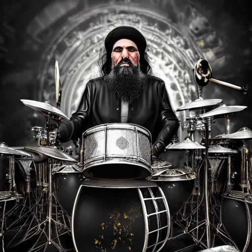 Image similar to khomeini playing drums in heavy metal band in heaven, high definition, trending on artstation, unreal engine, photorealistic, high resolution,, trending on deviantart, hdr, hyper detailed, insane details, intricate, elite, ornate, elegant, luxury, dramatic lighting