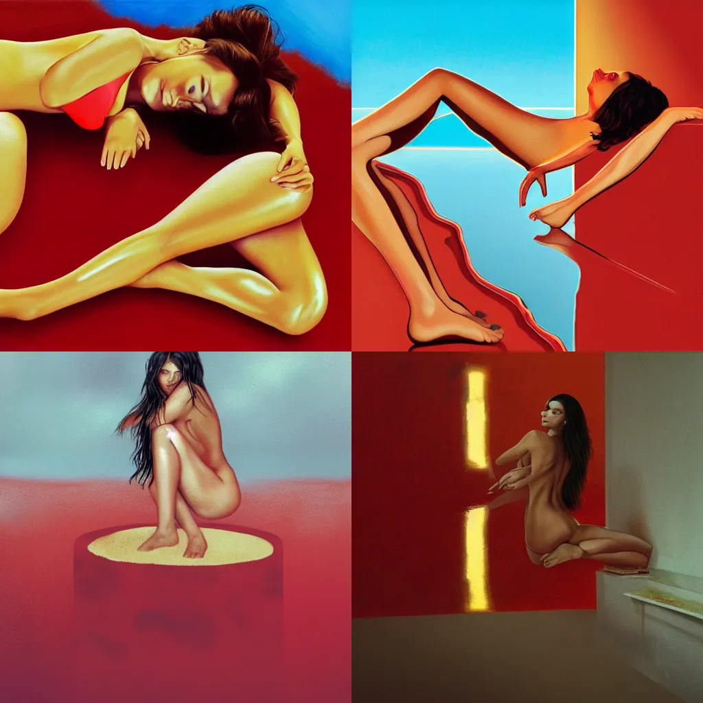 Prompt: Emily Ratajkowski with face and full body laying in a blood red pool of water between a bright golden glowing mirror frame, outside is space and inside the mirror frame is a beautiful landscape. Hyperrealistic surreal 4K IMAX Rene Margritte intricate, elegant, highly detailed, digital painting, artstation, concept art, smooth, sharp focus, illustration, art by artgerm and greg rutkowski and alphonse mucha