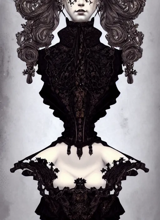 Image similar to historical baroque dress dark, alexander mcqueen, gothic bustier, portrait, voluminous, masterpiece, intricate, highly detailed, artstation, dreamy ghost, concept art