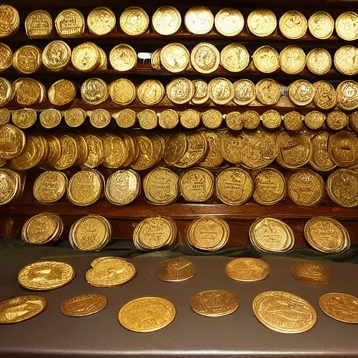 Prompt: large treasure room filled with piles of gold coins