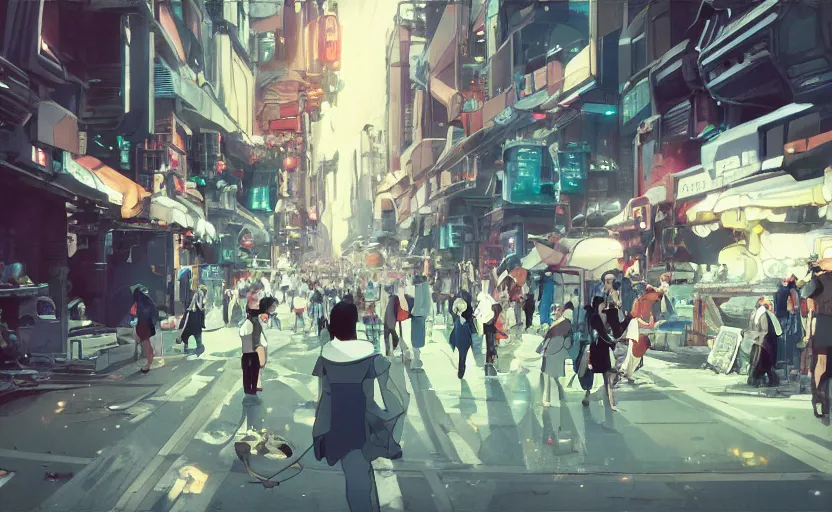 Prompt: a movie still from a space opera studio ghibli animation a crowd in a busy run down market on a huge cruiser spaceship wearing a sci - fi outfit, dark future, cyberpunk, grungy, space opera, cassette futurism, studio ghibli, pixar, sharp, octane render, anime art by artgerm and pascale campion, beautiful dramatic lighting