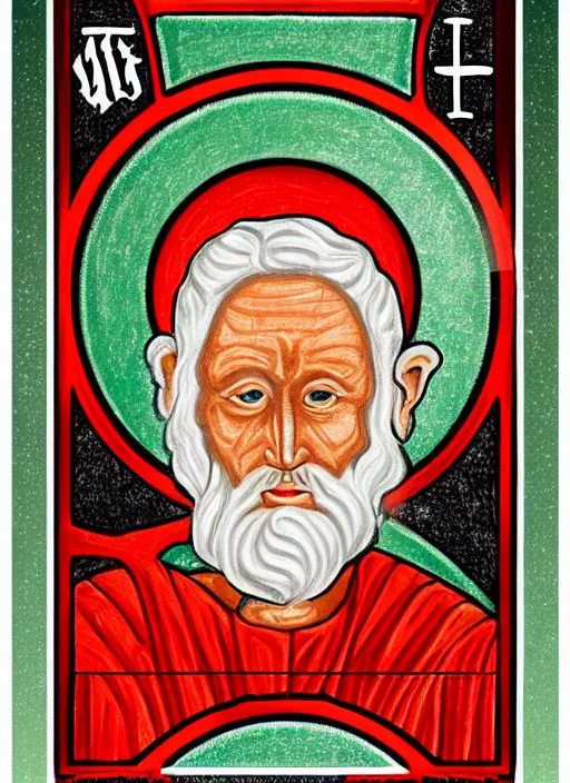 Image similar to old man with red eyes, infernal icon with halo, color art in church style 4 k