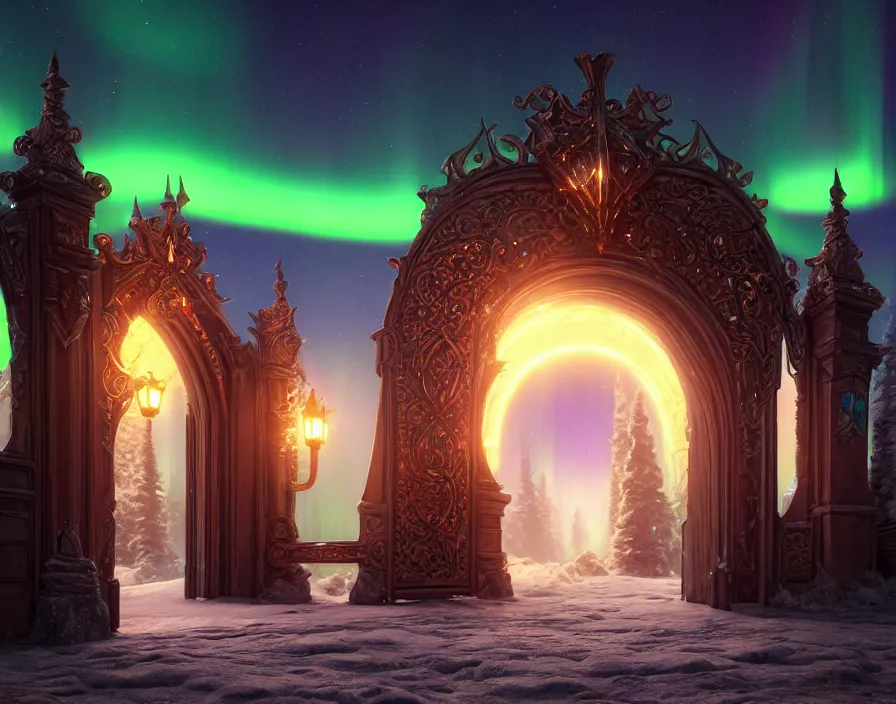 Prompt: a very detailed concept art of intricate and well designed magical gates infused with aurora borealis, dynamic lighting, trending on artstation, path traced, highly detailed, high quality, digital art, 4 k, hyper realistic, octane render, sharp focus