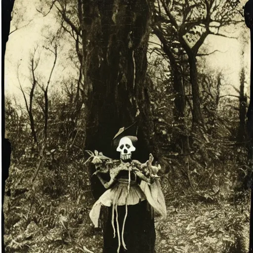 Image similar to portrait of a witch wearing a skull mask holding a puppet in an ominous forest, 1 9 0 0 s photography