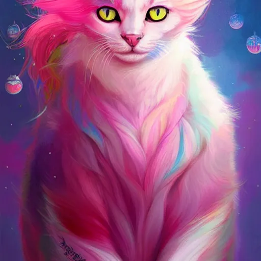 Image similar to colorful and festive cat with pink hair,. rich vivid colors, ambient lighting, dynamic lighting, 4 k, atmospheric lighting, painted, intricate, highly detailed by charlie bowater