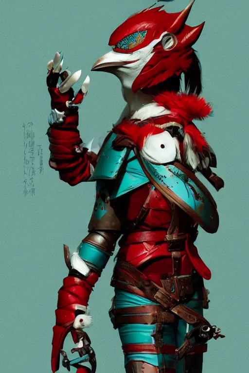 Prompt: female adventurer in tight full - body teal leather armor of japanese design with red accents and a white porcelain crow mask, trending in artstation, japanese, by wlop, establishing shot