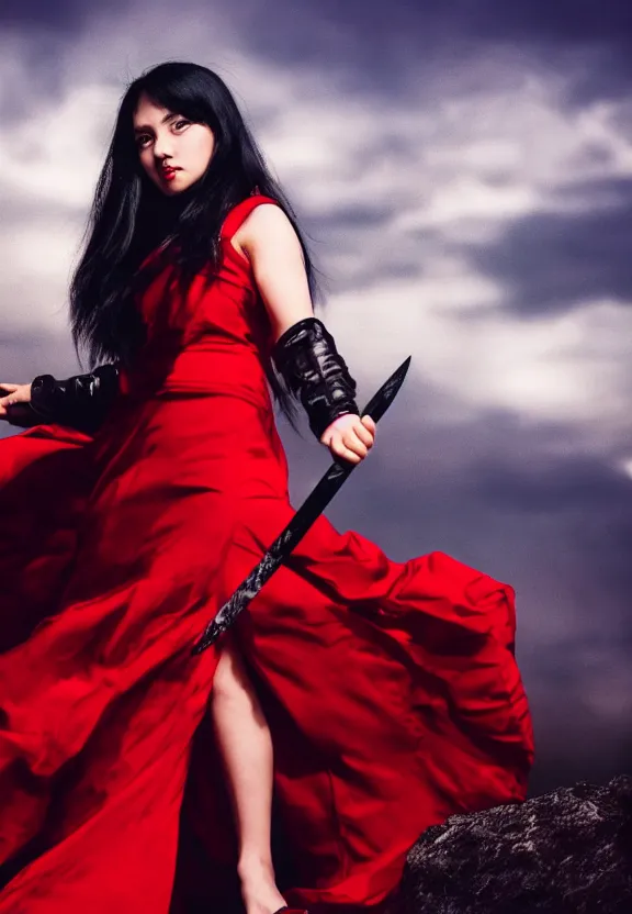 Prompt: a beautiful fierce black haired woman wearing red dress wielding black blade posing heroically, heavenly moonlit clouds background, close up shot