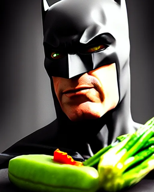 Prompt: A stunning portrait of Batman eating vegetable, masterpiece, Trending on Artstation, 8K