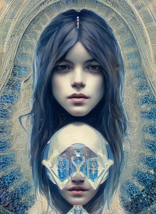 Image similar to symmetry!! alice, machine parts embedded into face, intricate, elegant, highly detailed, digital painting, artstation, concept art, smooth, sharp focus, illustration, art by artgerm and greg rutkowski and alphonse mucha, 8 k