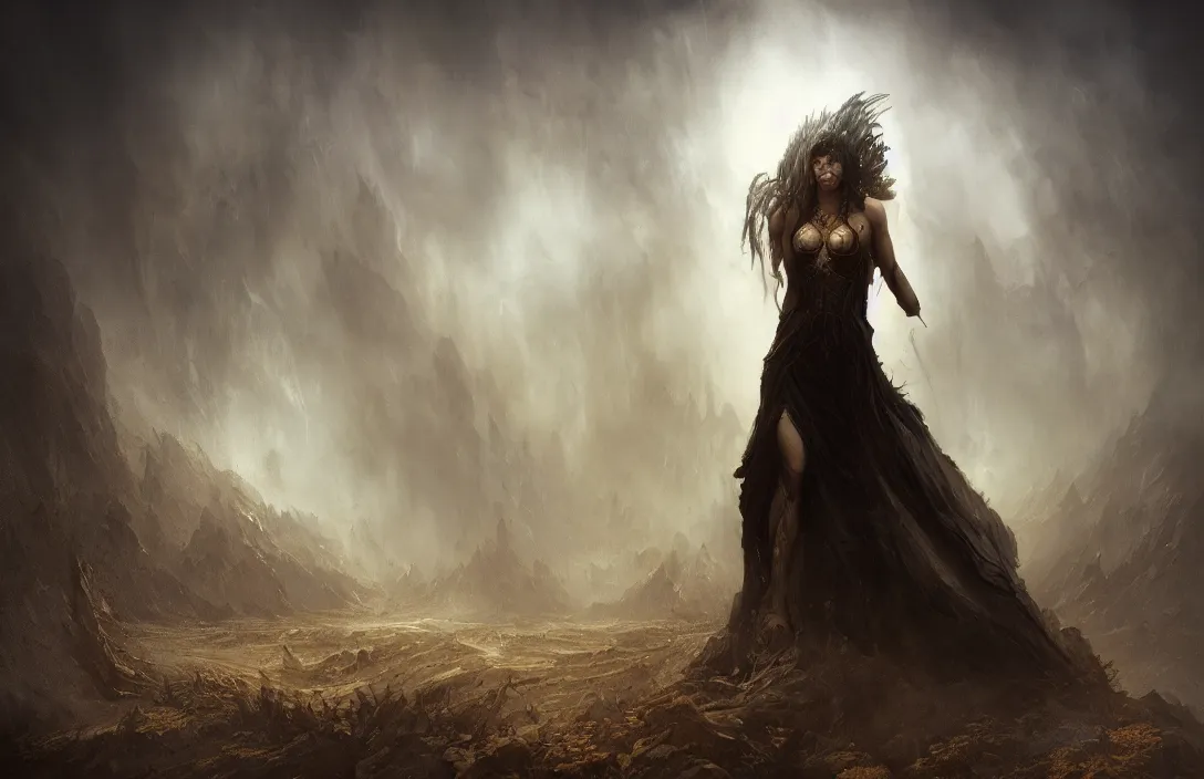 Image similar to dark angel in the style of bastien lecouffe deharme in phantastic landscape, hyperreal phantastic, intricate details in environment, meeting point, luminance, golden ratio, high aestehtic, cinematic light, dramatic light, godrays, distance, clear atmosphere, photobash, wideangle, bierstadt, hyperreal 4 k