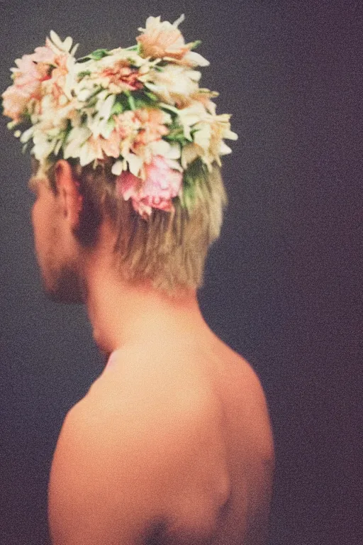 Prompt: agfa vista 4 0 0 photograph of a skinny blonde guy standing in a cluttered 9 0 s bedroom, flower crown, back view, grain, moody lighting, moody vibe, telephoto, 9 0 s vibe, blurry background, vaporwave colors!, faded!,