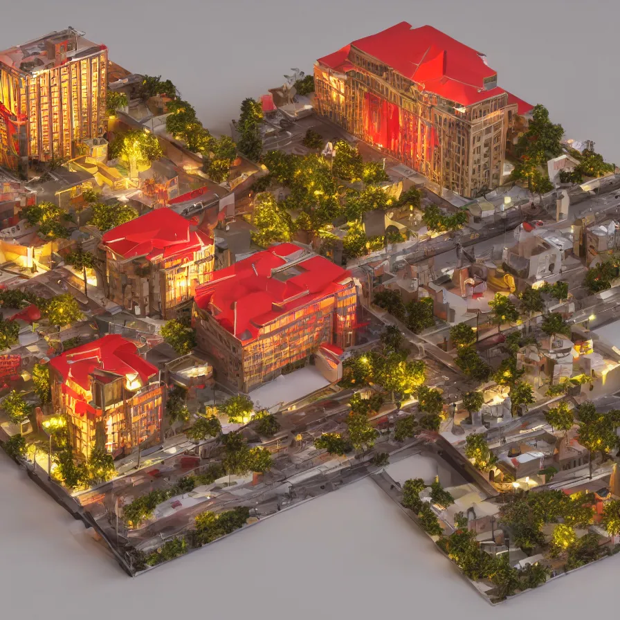 Prompt: architectural model, isometric view, 3 d render, studio lighting, wood and paper, low contrast, dark background, highly detailed, hotel, circular, medium height, tree, red, yellow