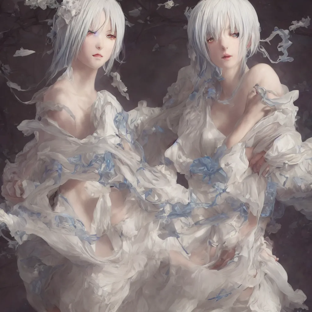 Prompt: white haired anime girl in a vaporous wrapped large victorian cream roses silk semi-transparent blue and cream dress fashion is running D&D, fantasy, intricate, elegant, highly detailed, digital painting, artstation, concept art, matte, sharp focus, illustration, art by Artgerm and Greg Rutkowski and Alphonse Mucha, UHD