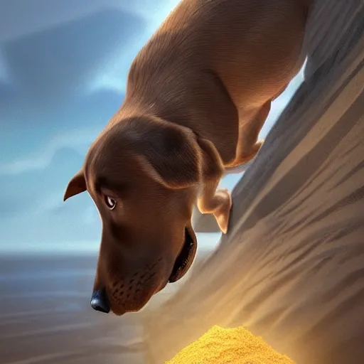 Image similar to dog eating sand, stylized, artstation, hd, cgsociety, cgi, digital illustrations and arts, realistic, dramatic, cinematic, artistic, famous, detailed