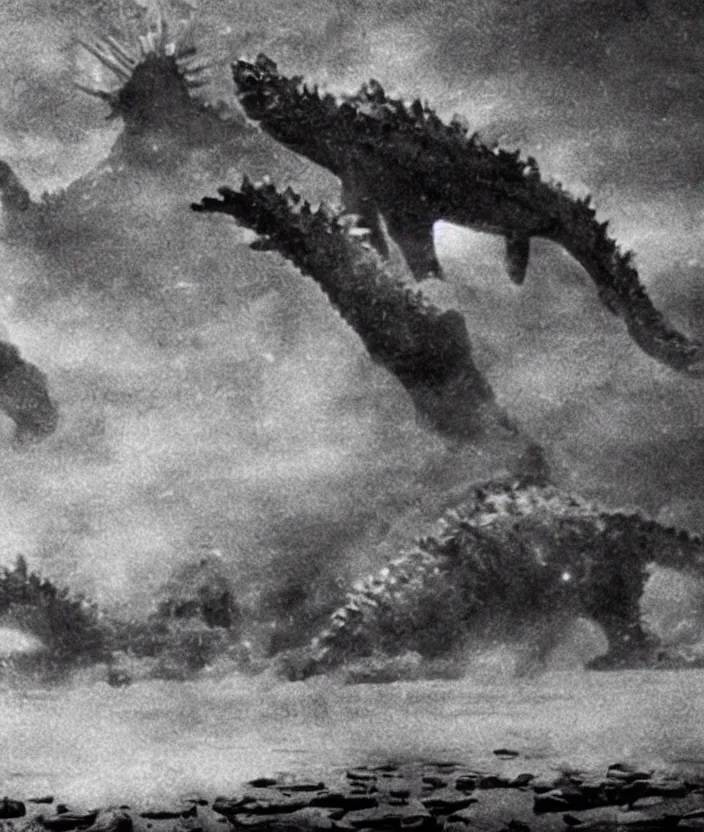 Image similar to a filmstill of a north korean monster movie, kaiju - eiga monster with starfish - arms trampling a traditional korean palace, foggy, film noir, epic battle, etheral, explosions, communist propaganda, communist epic thriller, by kim jong - il and akira kurosawa and tim burton, video compression