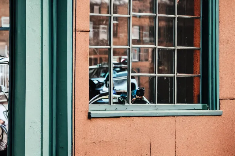 Image similar to seeing my reflection in the window as I look out to another building and bicycles and cars