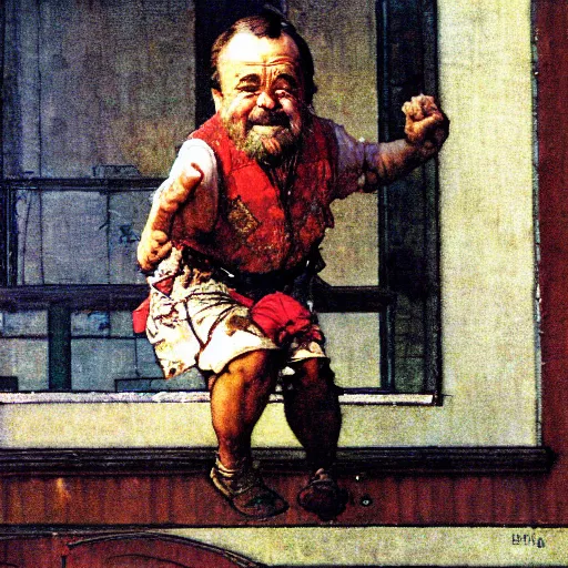 Image similar to close up portrait of dwarf jumping from balcony by norman rockwell, illustration, 5 0 mm lens,