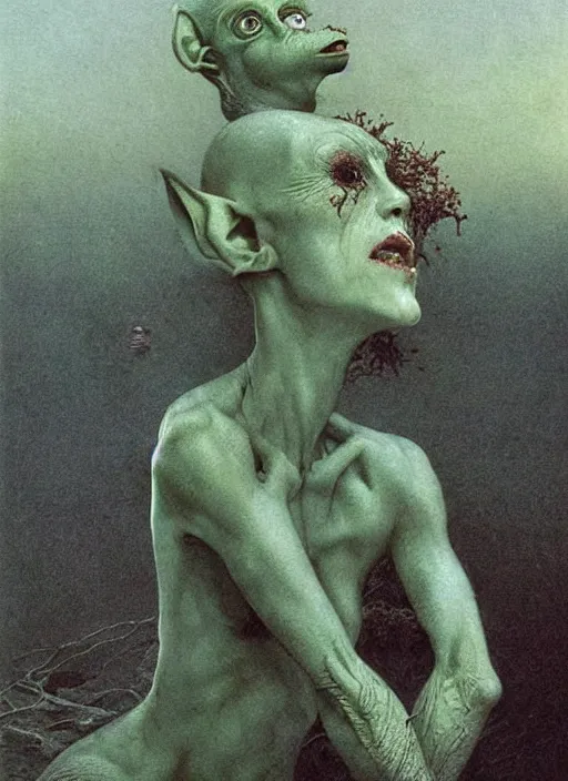 Image similar to cute beautiful bald goblin girl by Beksinski and Luis Royo